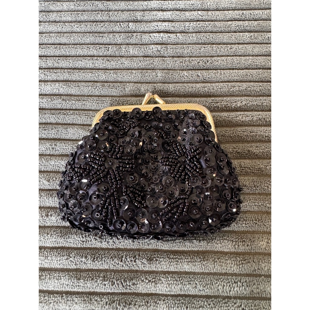 Black Sequin Beaded Mini Coin Purse Clutch Evening Bag Party